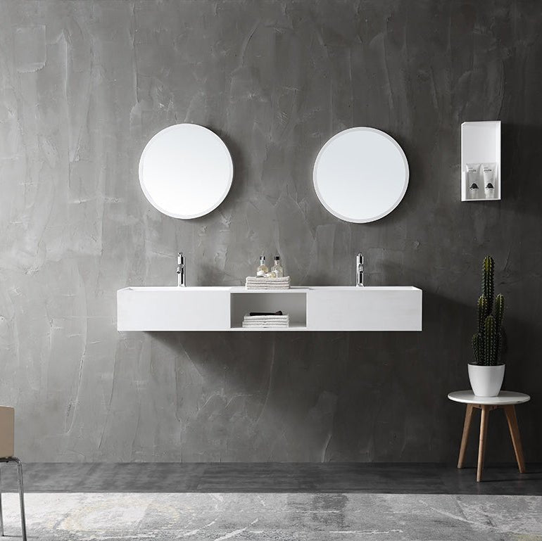 Rectangular wall hung bathroom sink with smooth solid surface finish