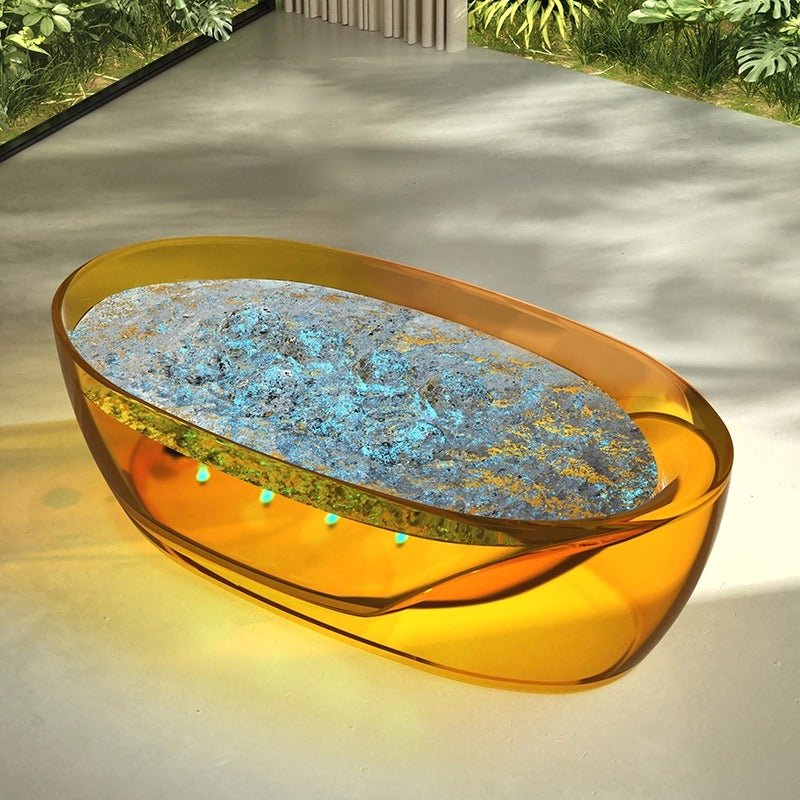yellow resin bathtub with bubble feature and modern style