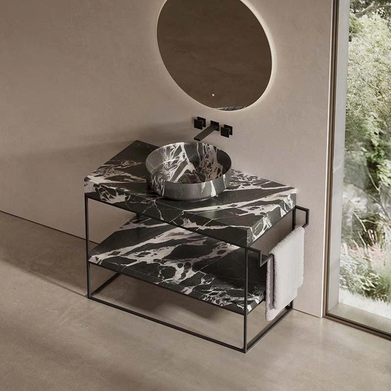 MonBlari luxury marble console bathroom sink with side towel bar and stainless steel frame