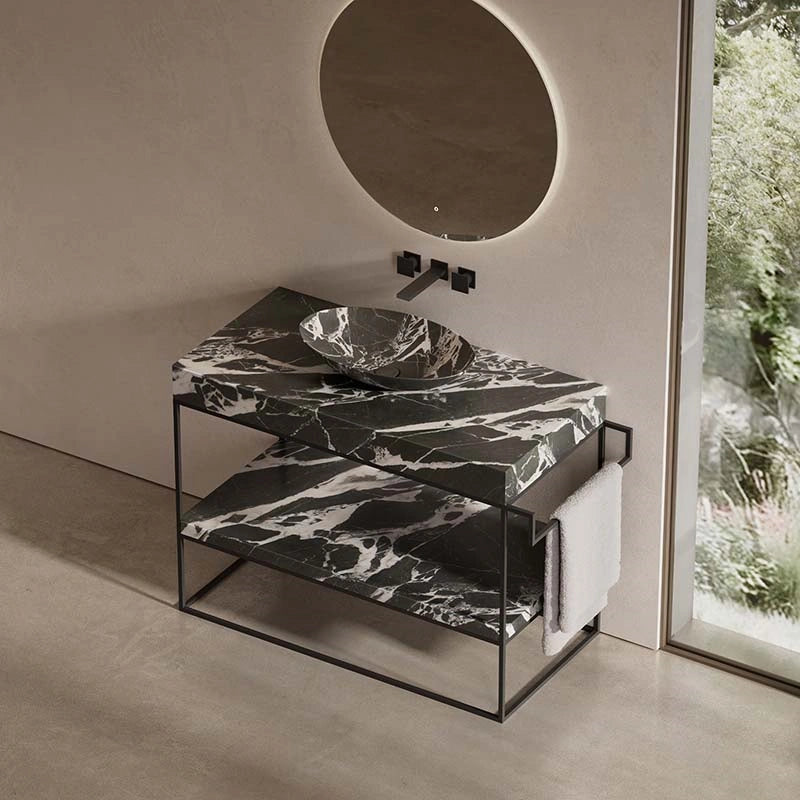 MonBlari marble console bathroom sink with stainless steel frame and towel bar