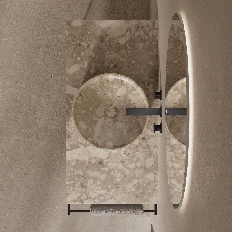 MonBlari marble lavatory with open metal foundation