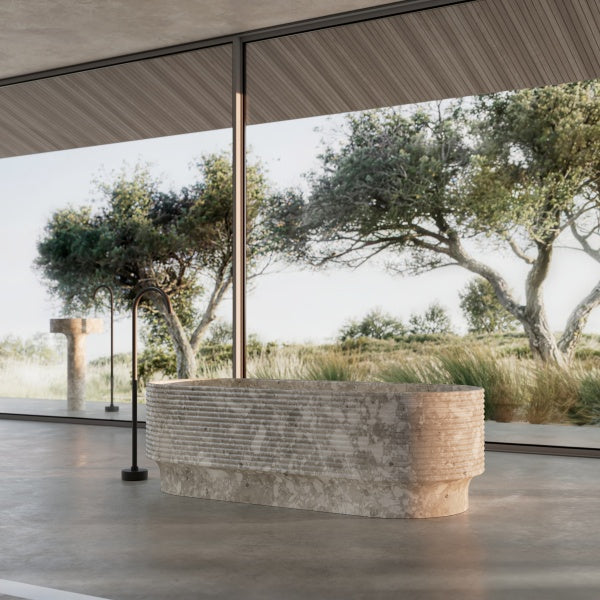 MonBlari marble soaking bathtub with symmetrical center drain design