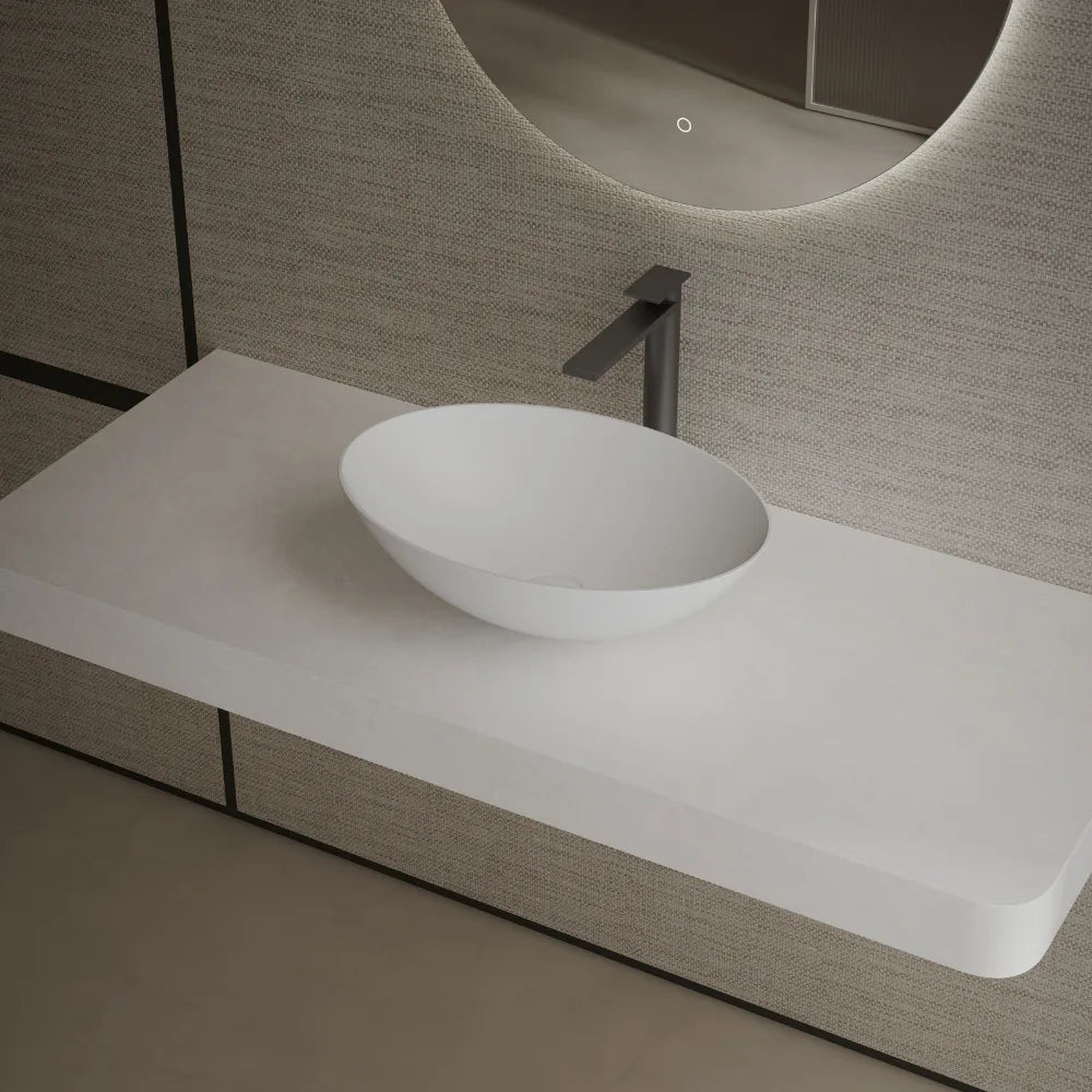 Modern oval bathroom solid surface countertop sink with minimalist bowl design