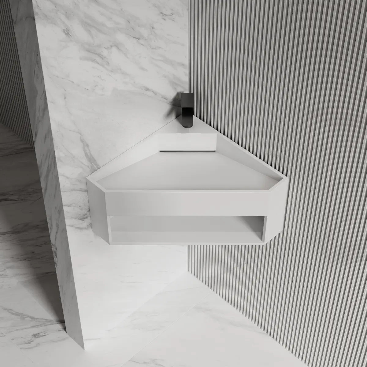 White triangular solid surface wall mounted sink front top view close-up