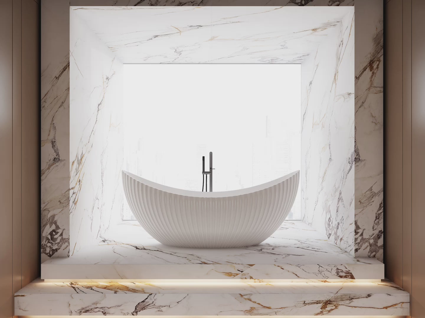 Load video: Monblari Curved Acrylic Soaking Bathtub Bathrooms Tubs Fluted
