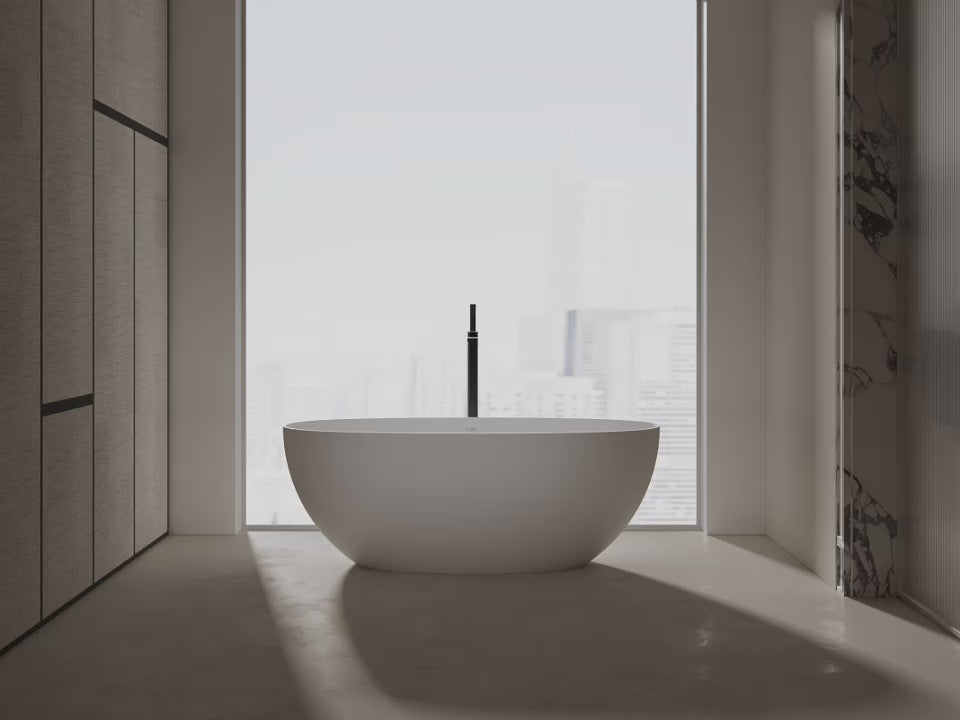 Load video: MonBlari LYRA Solid Surface Tub Freestanding Soak  Bathtub