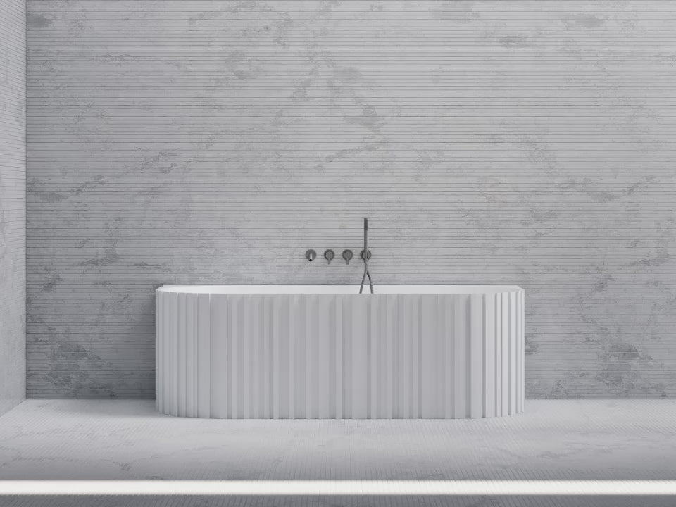 Load video: Solid surface freestanding bath with decorative panel texture