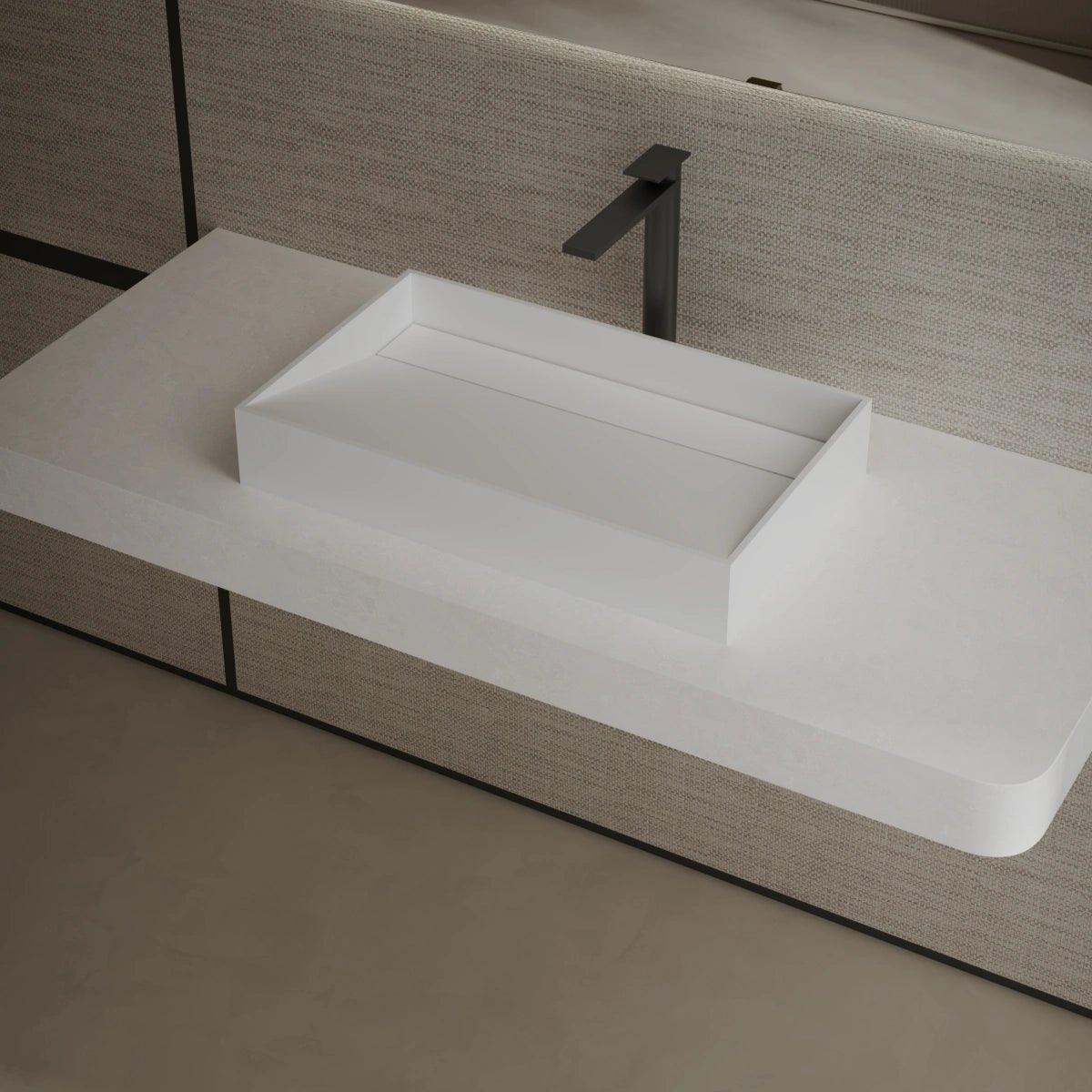 Modern white rectangular bathroom sink basin side top view close-up