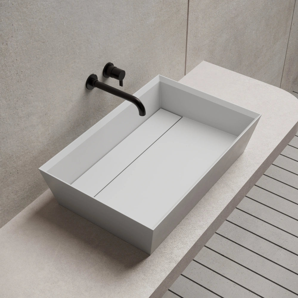 Modern white rectangular vessel bathroom sink side top view close-up