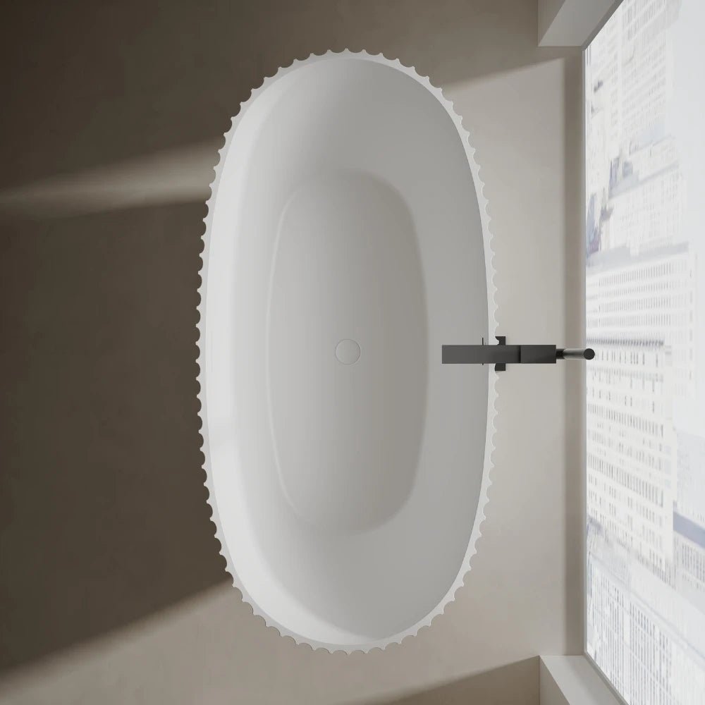 solid surface bathtub featuring evenly spaced ribbed exterior texture