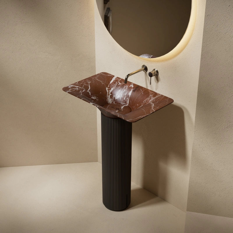 Rosso Levanto marble freestanding pedestal sink with refined design