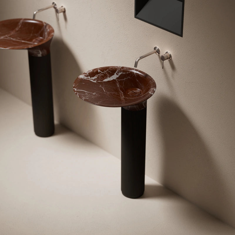 Rosso Levanto marble freestanding pedestal sink with refined design