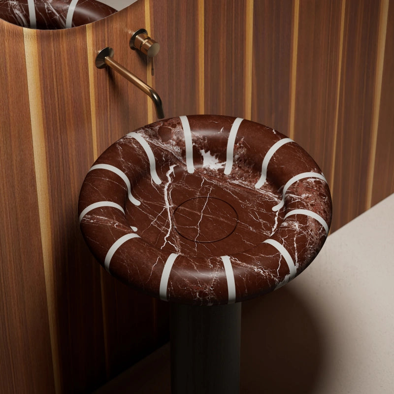 MonBlari CIRCUS Series Rosso Levanto marble pedestal basin with carved details