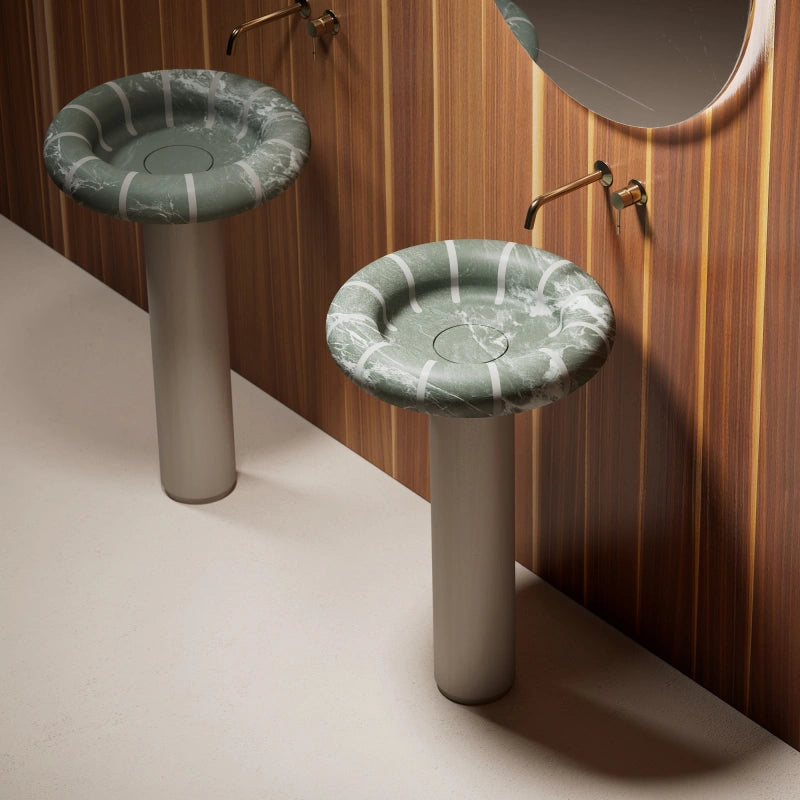 MonBlari CIRCUS Series sculpted green marble freestanding bathroom basin with white edge