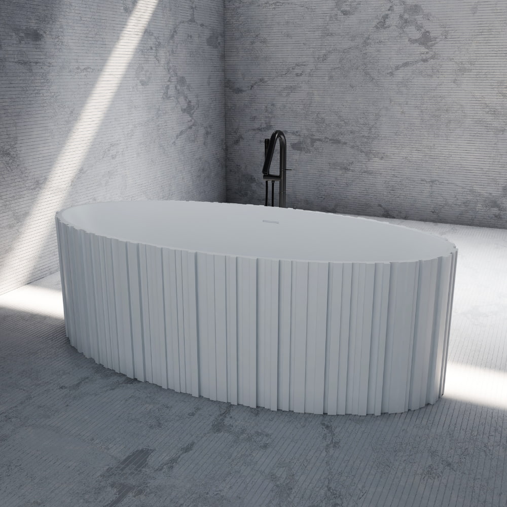 sculptural bathtub with vertical fluted detailing
