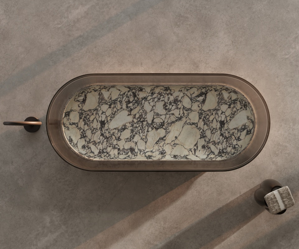BvIgari Purple soaking tub with layered marble-inspired design
