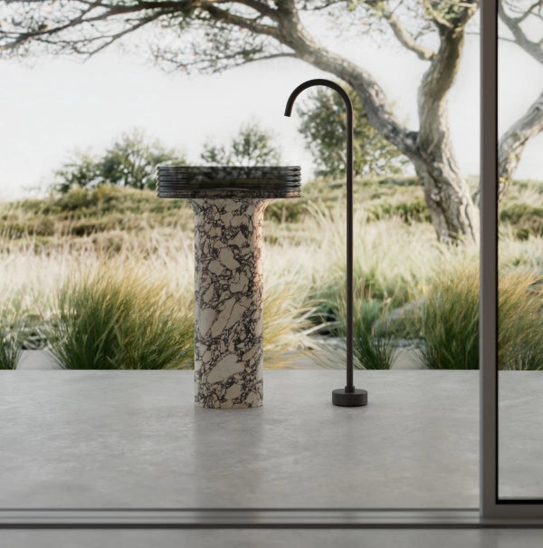 STRATA Series layered marble pedestal bathroom sink with acrylic overlay