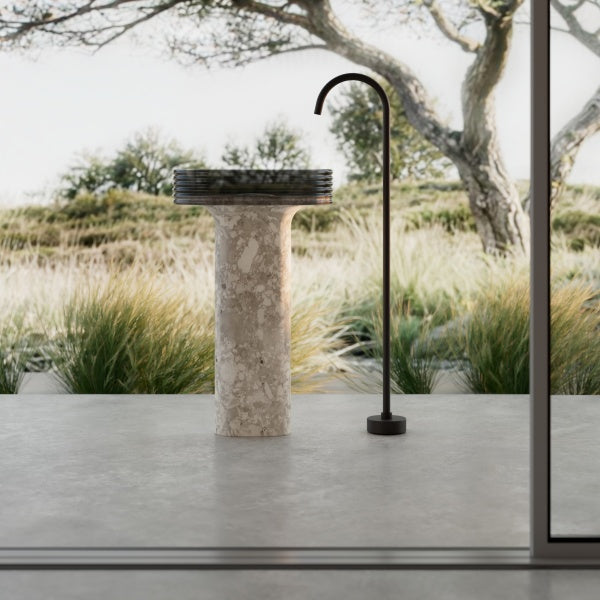 STRATA Series luxury pedestal sink with marble texture and clear acrylic