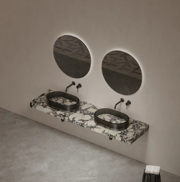 Marble-inspired bathroom vessel basin featuring layered acrylic design