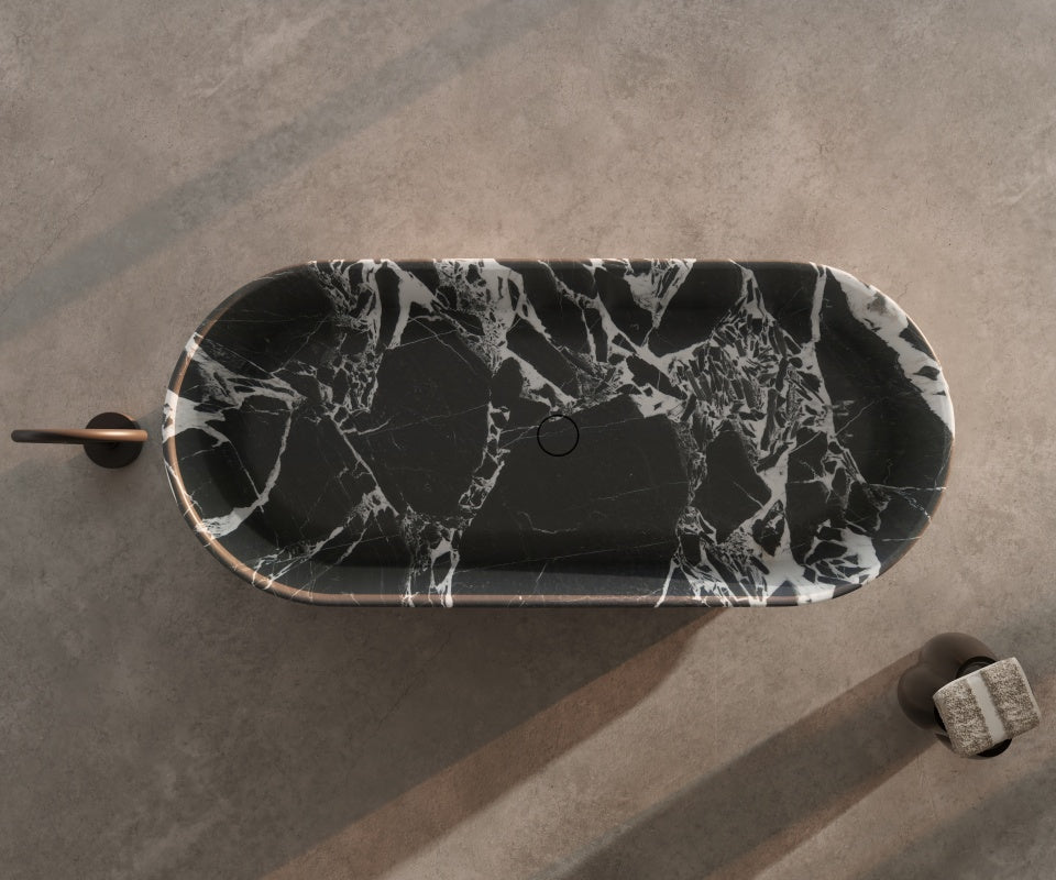 STRATA Series freestanding soaking tub with marble pattern