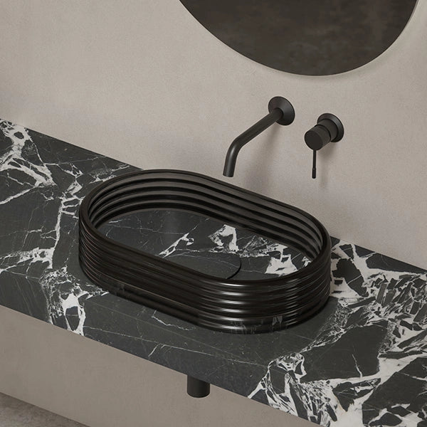 MonBlari STRATA Series Bulgari black marble vessel sink with clear acrylic