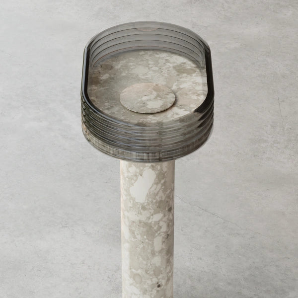 STRATA Series modern pedestal sink with layered marble-inspired finish