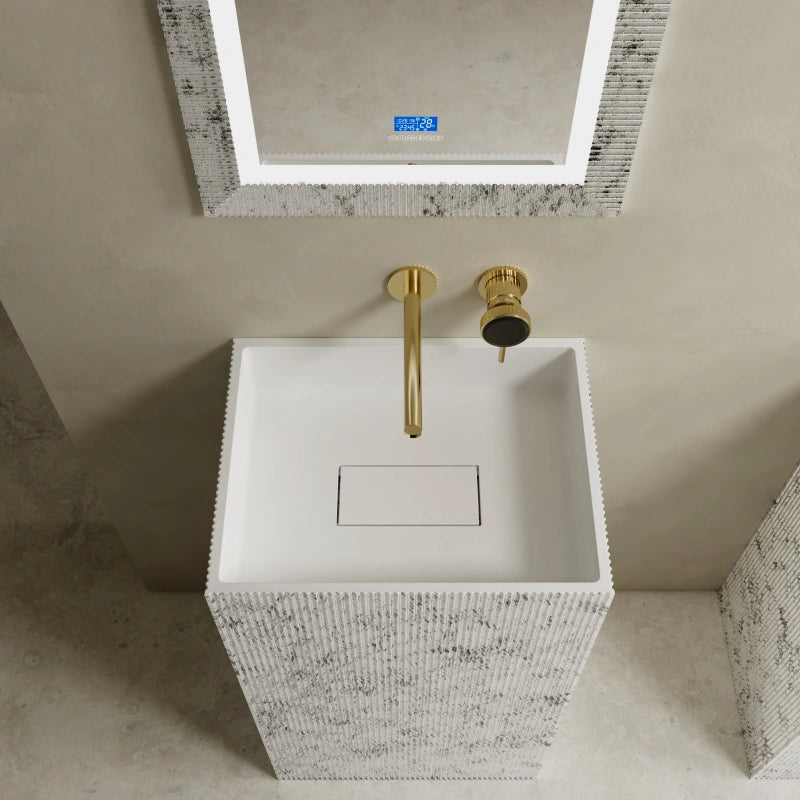 Striped solid surface bathroom pedestal sink for contemporary interiors
