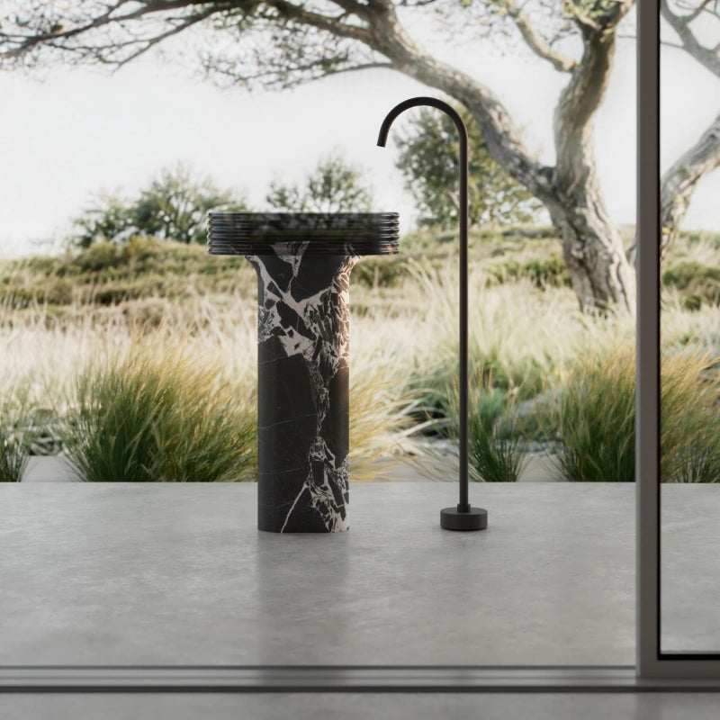 MonBlari veined black marble pedestal sink with clear acrylic