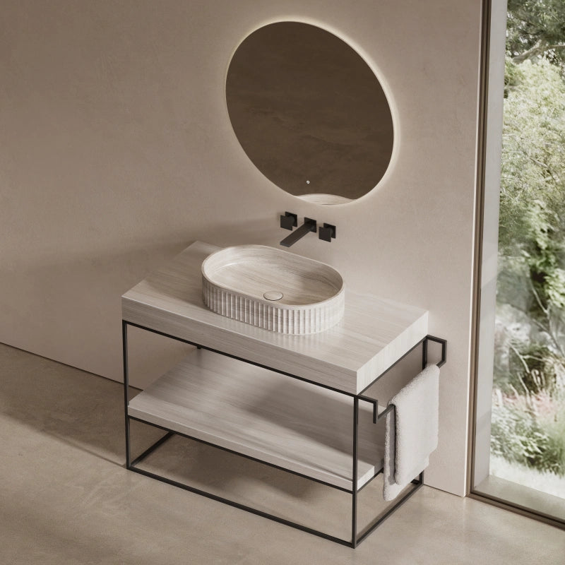 MonBlari veined marble bathroom sink with contemporary steel stand