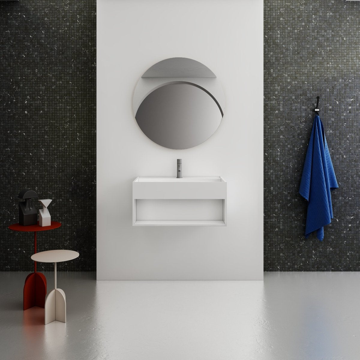 Minimalist white wall mount sink with floating installation for a bright and open bathroom design