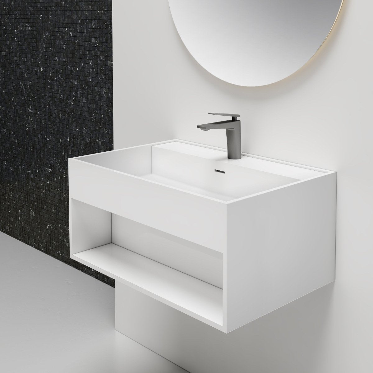 White rectangular solid surface bathroom basin offering a sleek and clutter-free appearance