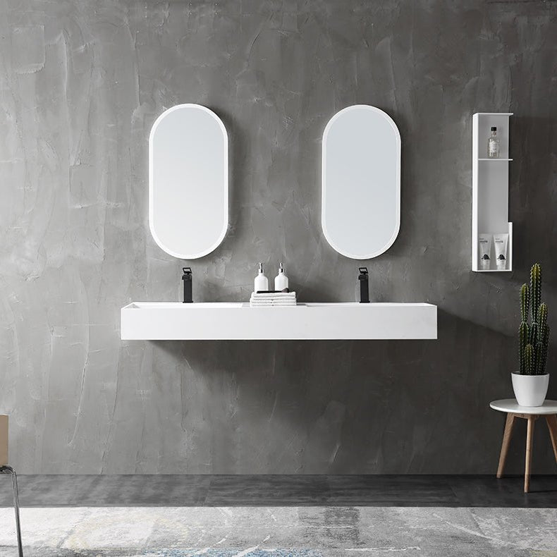 White solid surface double sink with wall mounted rectangular design