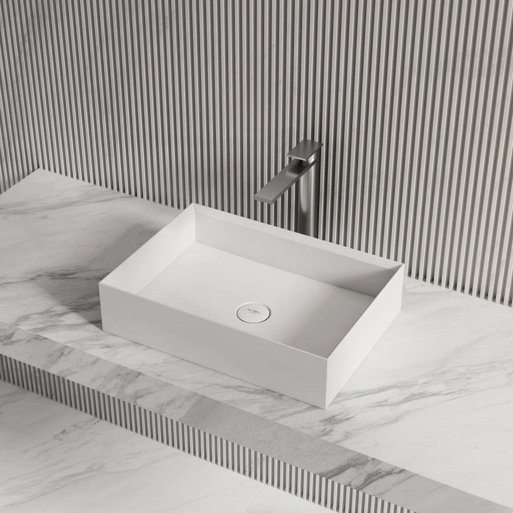 White rectangular solid surface basin sink with clean lines for modern bathroom