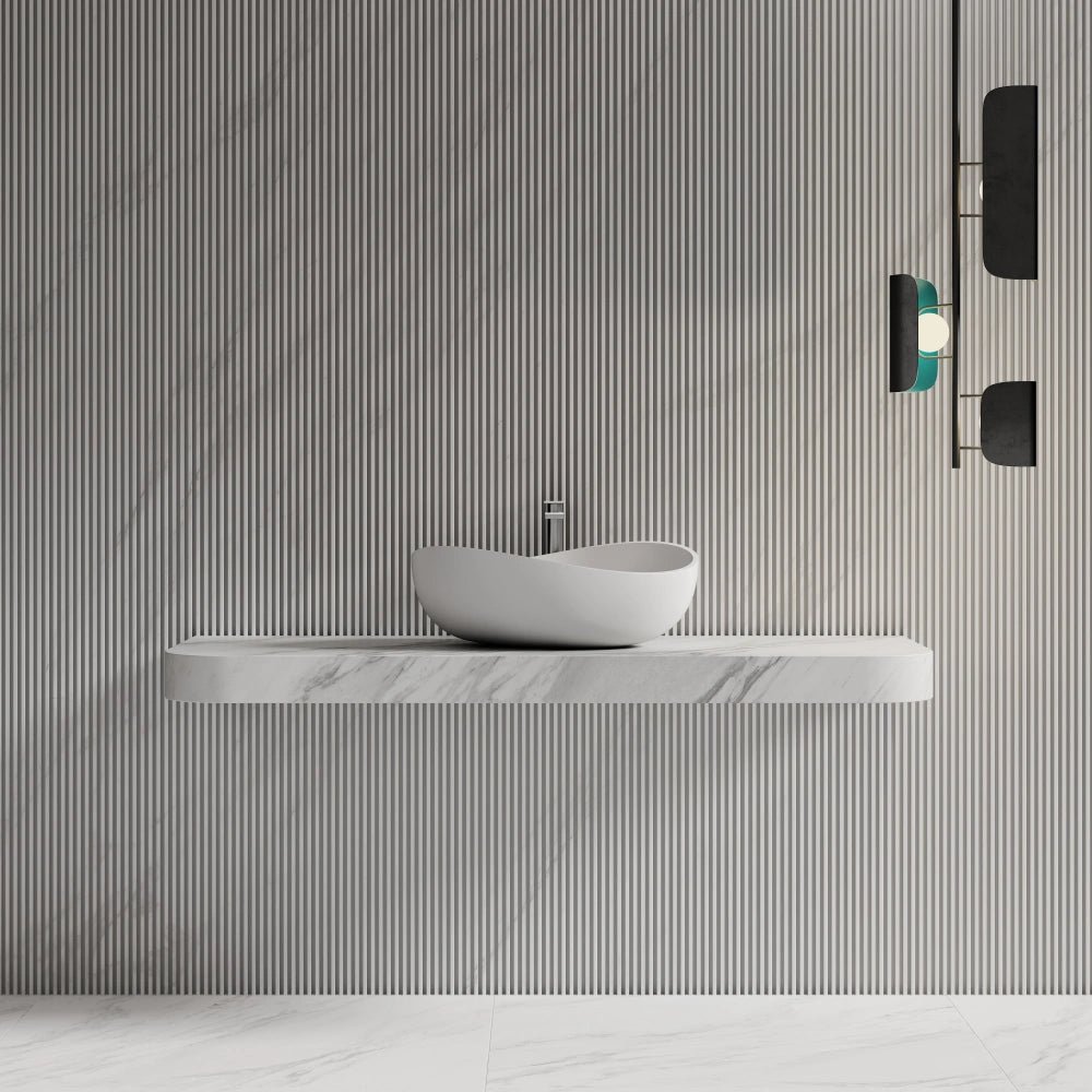White sink basin for bathroom countertop with modern washbasin design front view
