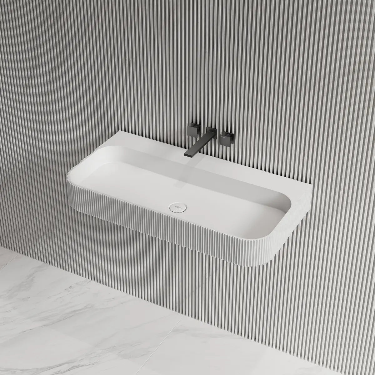 White rectangular wall hung basin paired with modern bathroom